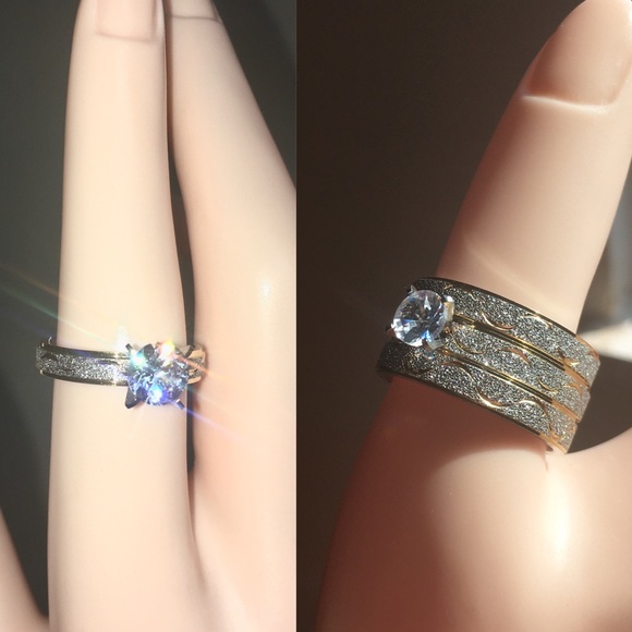 ⚜️ Two Tone Frosted Steel 3 Band Wedding Ring Set - Picture 12 of 13